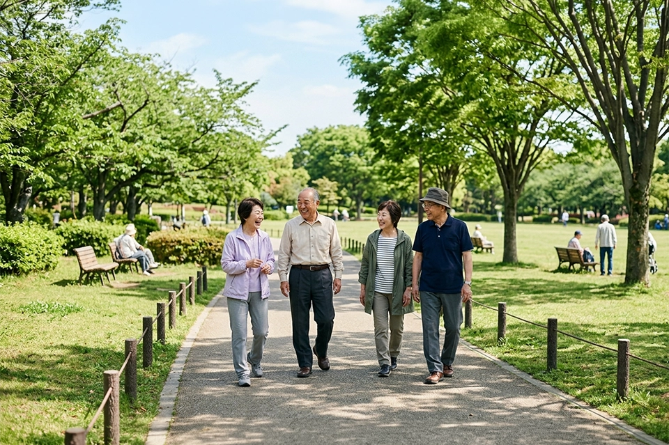 公園で散歩をする高齢者