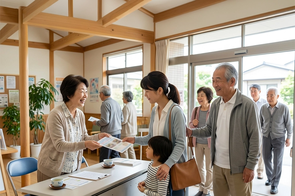 地域の集まりで会話する高齢者