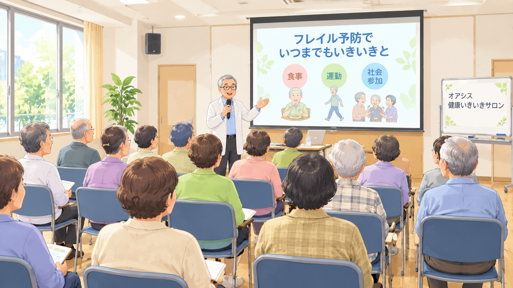 地域の健康セミナーに参加する様子のイメージイラスト