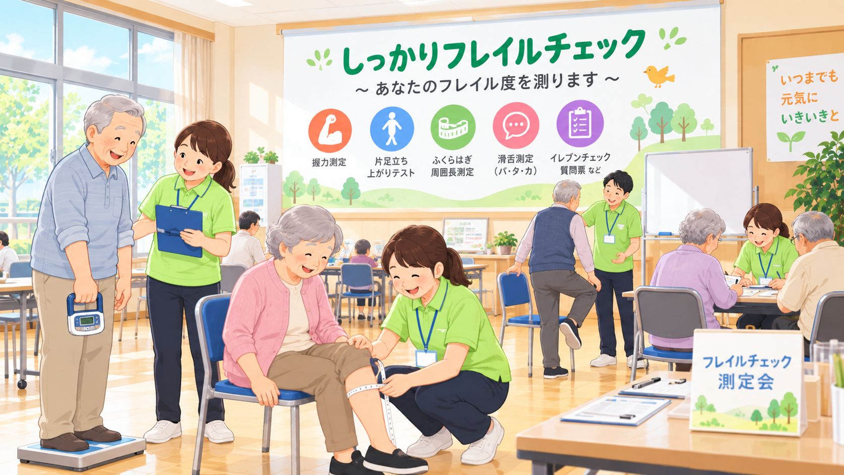 フレイルチェックで測定を受ける様子のイメージイラスト