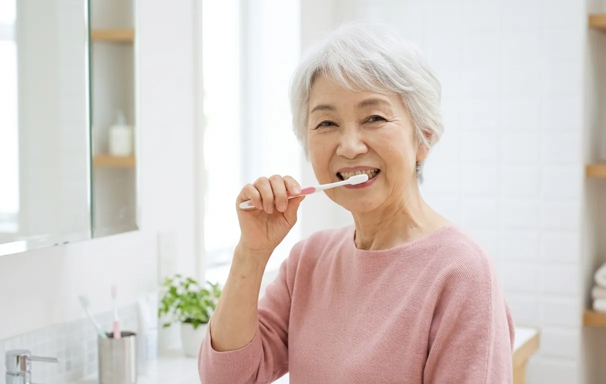 歯みがきをする高齢女性