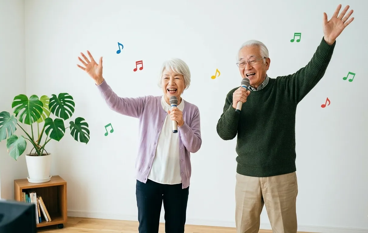 歌を楽しむ高齢男女